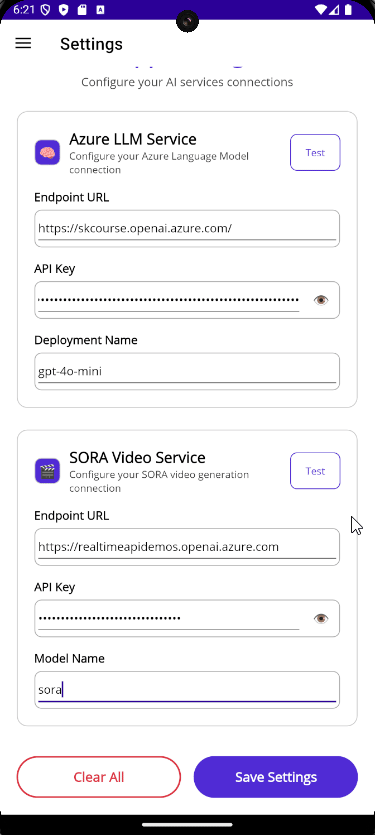 The settings page in action